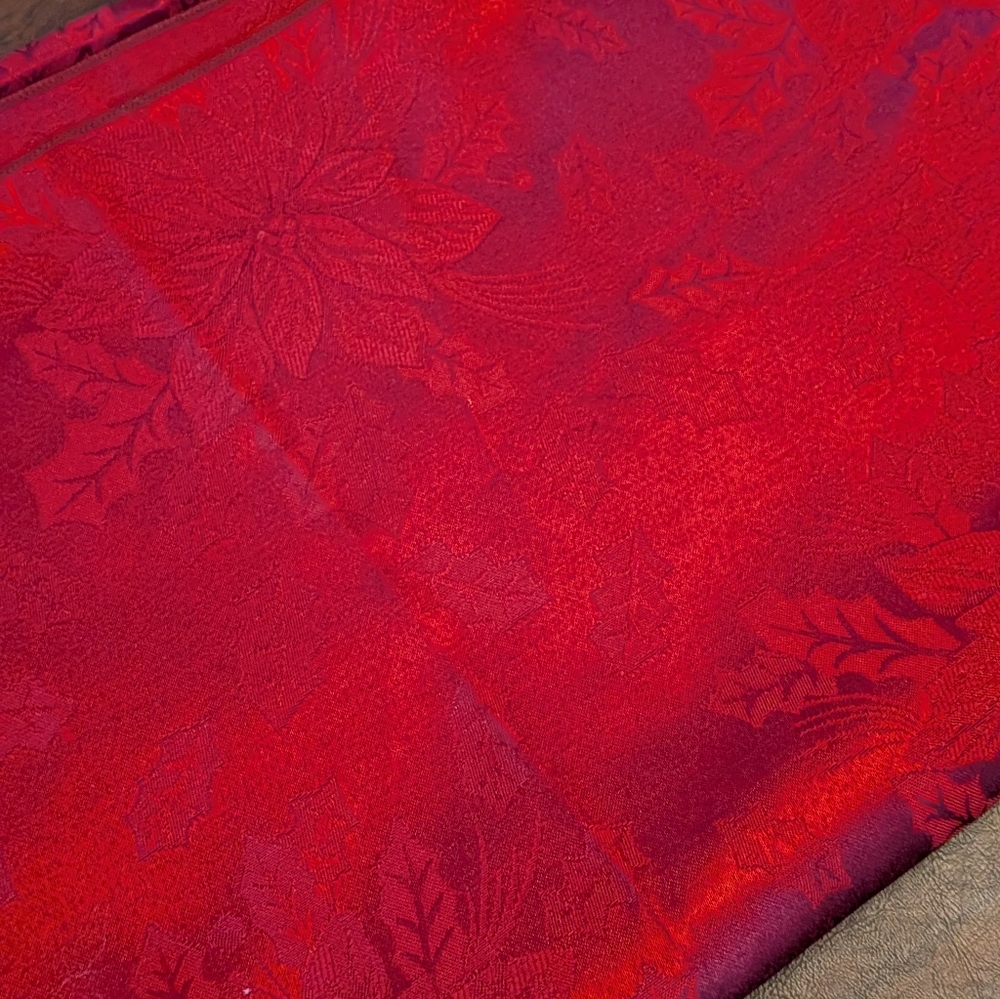High Quality Embroidered Red Poinsettia Satin Finish Tablecloth Long Holiday
